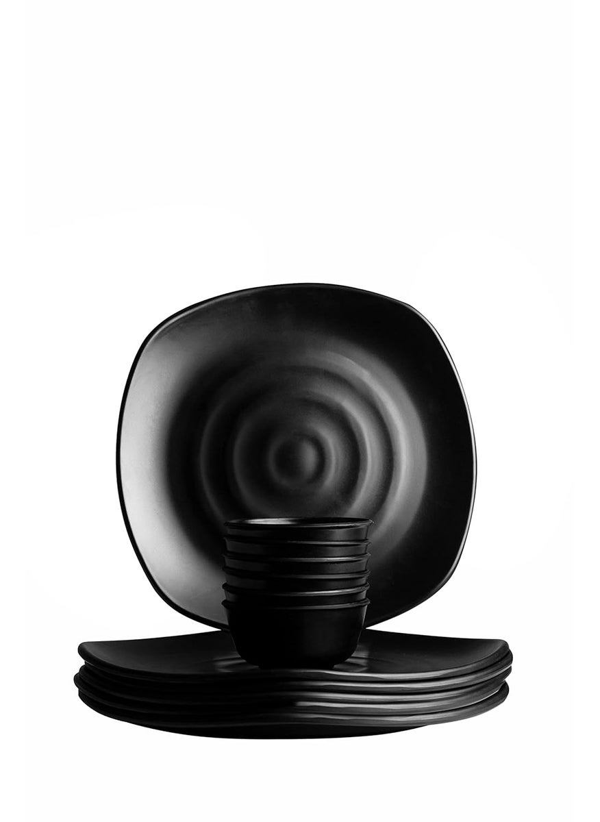 ECOSPIT CONTAINER Pack of 12 Square Plate Melamine Dinner Set Full Plates with Katoris Matt Black Finish