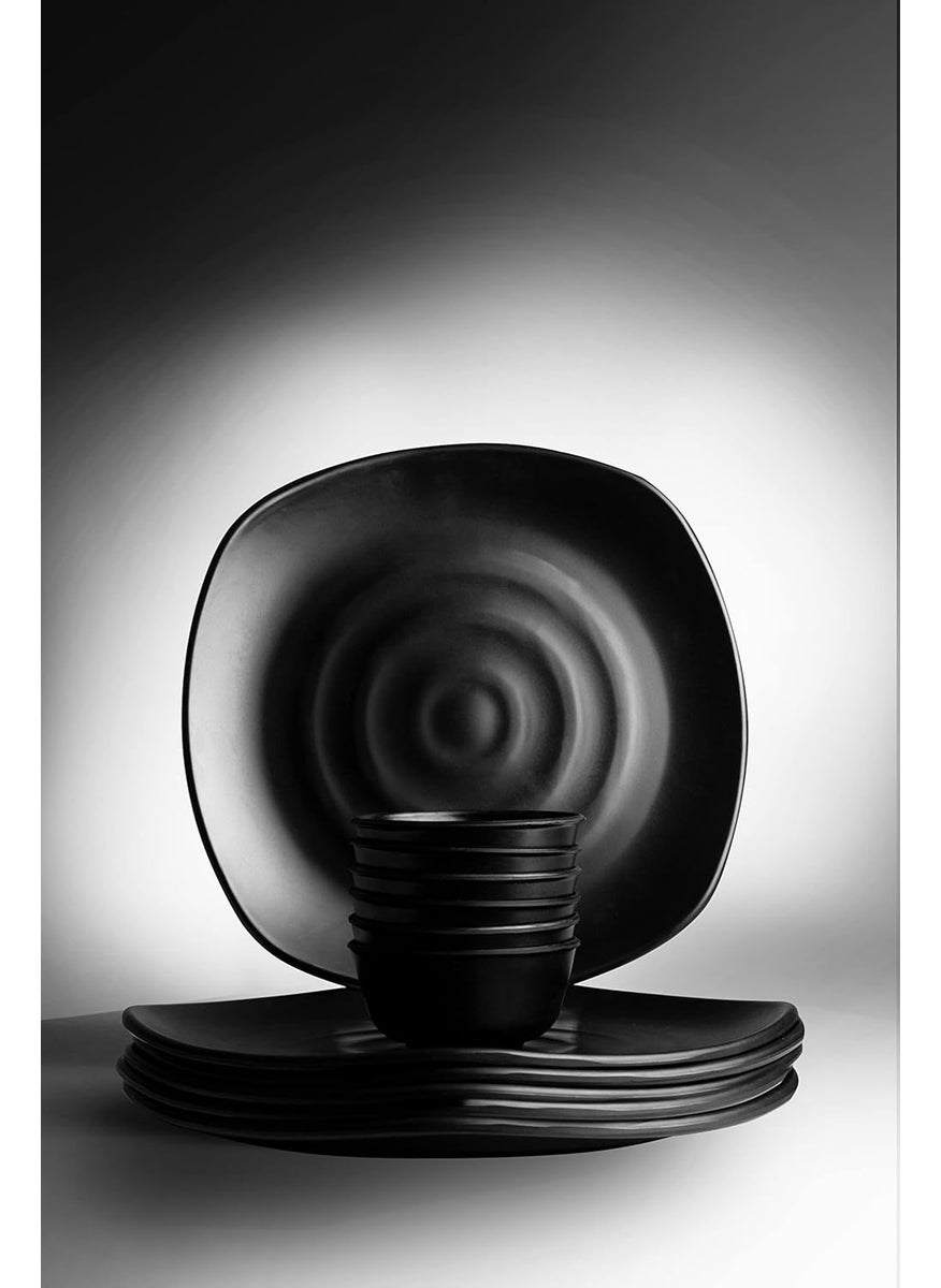 ECOSPIT CONTAINER Pack of 12 Square Plate Melamine Dinner Set Full Plates with Katoris Matt Black Finish