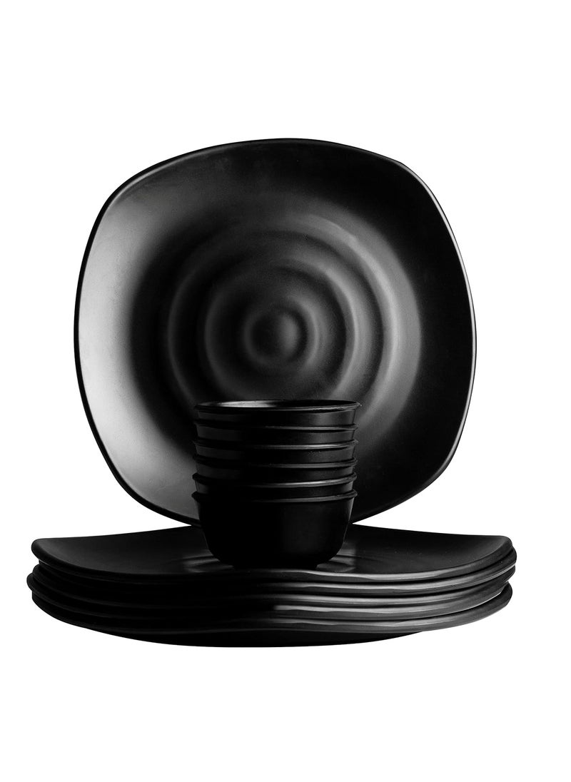 ECOSPIT CONTAINER Pack of 12 Square Plate Melamine Dinner Set Full Plates with Katoris Matt Black Finish