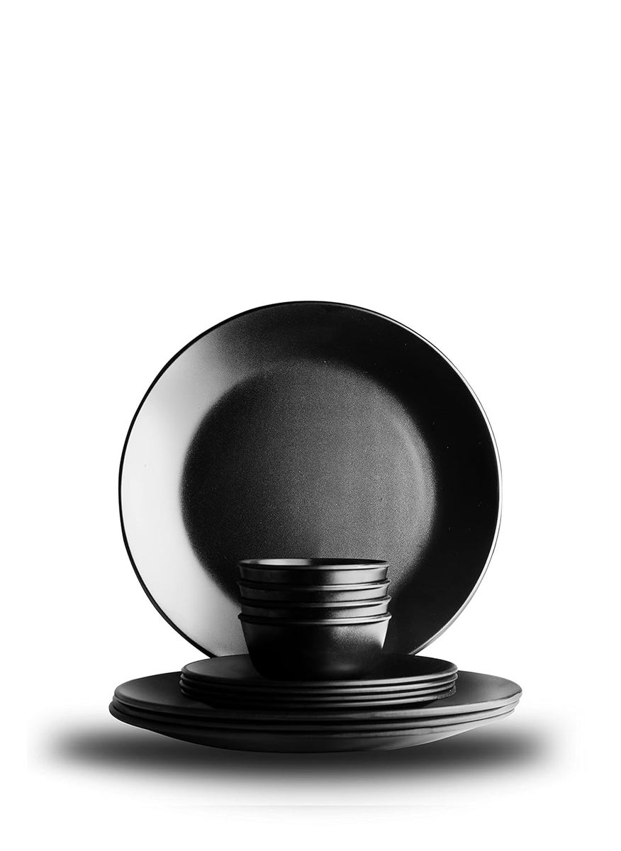 ECOSPIT CONTAINER Pack of 12 Black Regular Melamine Dinner Set Plates and Bowls Dinner Set Full Plates Small Plates with katoris Regular Black Design