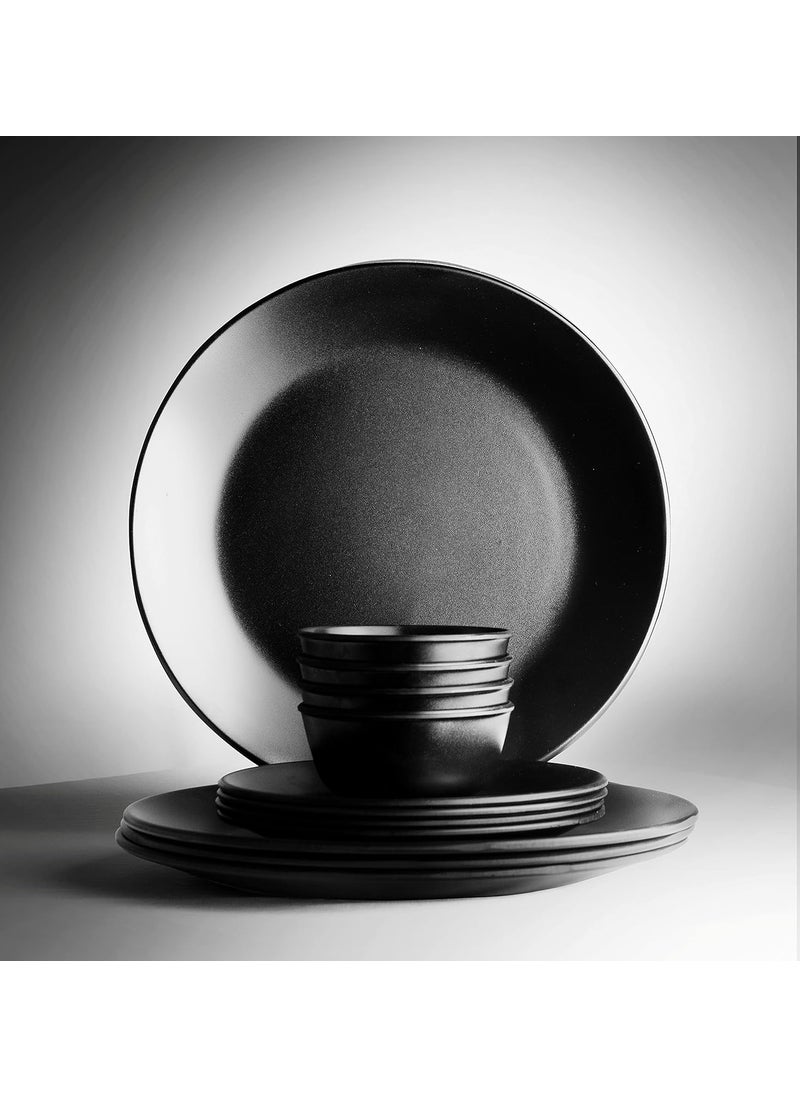 ECOSPIT CONTAINER Pack of 12 Black Regular Melamine Dinner Set Plates and Bowls Dinner Set Full Plates Small Plates with katoris Regular Black Design