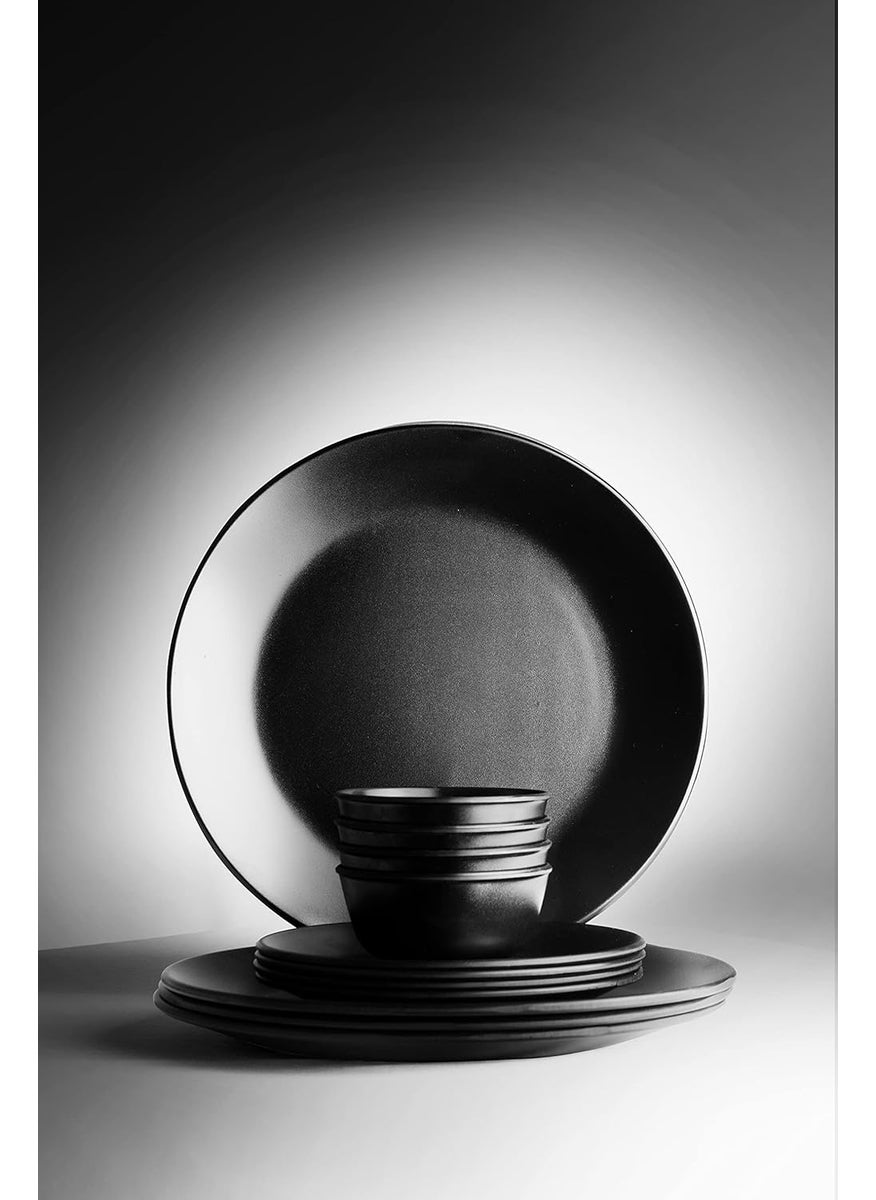 ECOSPIT CONTAINER Pack of 12 Black Regular Melamine Dinner Set Plates and Bowls Dinner Set Full Plates Small Plates with katoris Regular Black Design