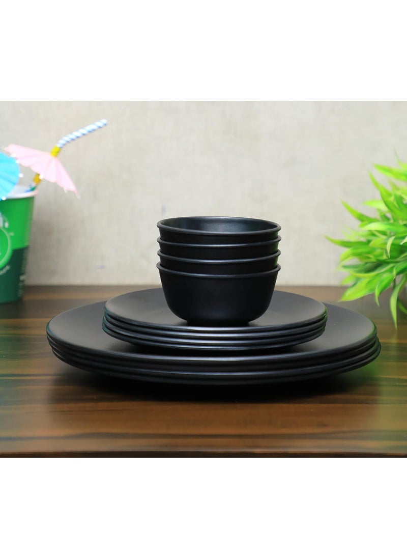 ECOSPIT CONTAINER Pack of 12 Black Regular Melamine Dinner Set Plates and Bowls Dinner Set Full Plates Small Plates with BowlServes 4