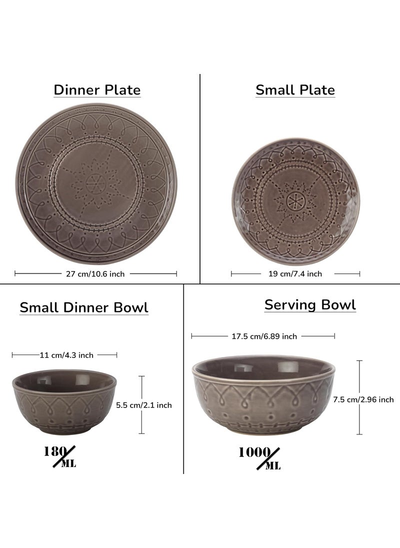 Bodhi House Emboss Ceramic Solid Dinner Set of 20 Pieces for Dinner with Katoris 6 Bowl 6 Small Plates 6 Dinner Plates 2 Serving BowlDinner Sets Ceramic Bowls Set Dinnerware SetsAsh Grey