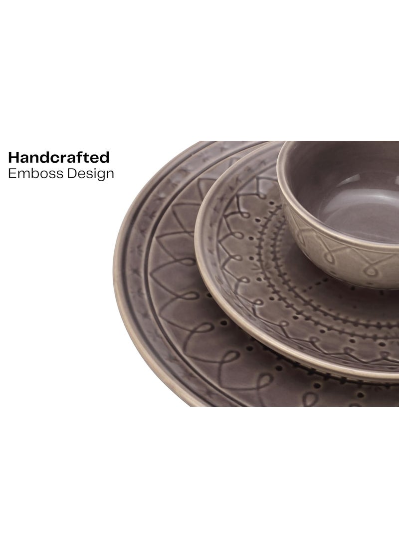 Bodhi House Emboss Ceramic Solid Dinner Set of 20 Pieces for Dinner with Katoris 6 Bowl 6 Small Plates 6 Dinner Plates 2 Serving BowlDinner Sets Ceramic Bowls Set Dinnerware SetsAsh Grey