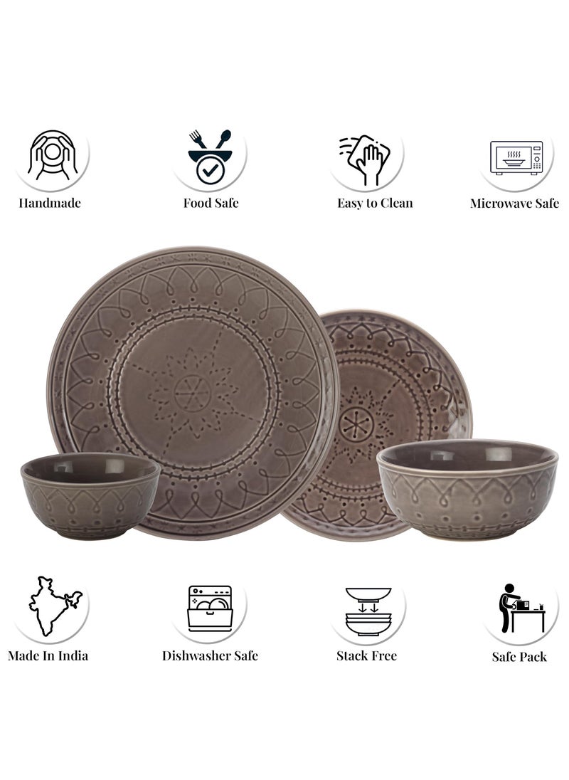 Bodhi House Emboss Ceramic Solid Dinner Set of 20 Pieces for Dinner with Katoris 6 Bowl 6 Small Plates 6 Dinner Plates 2 Serving BowlDinner Sets Ceramic Bowls Set Dinnerware SetsAsh Grey