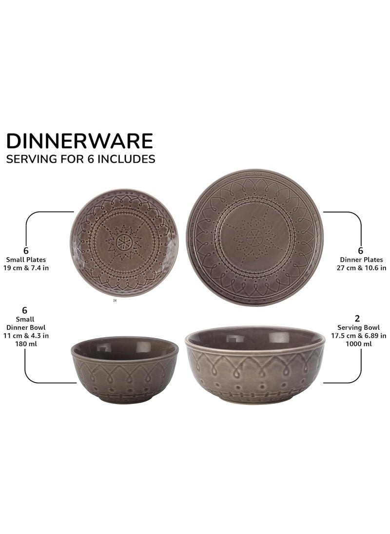 Bodhi House Emboss Ceramic Solid Dinner Set of 20 Pieces for Dinner with Katoris 6 Bowl 6 Small Plates 6 Dinner Plates 2 Serving BowlDinner Sets Ceramic Bowls Set Dinnerware SetsAsh Grey