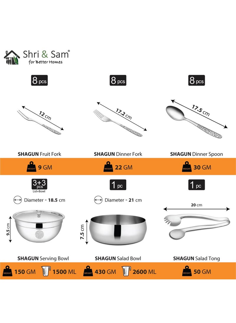 Shri Sam Designer Stainless Steel Shagun Laser Bloom Floral Dinner Set 101 Pieces