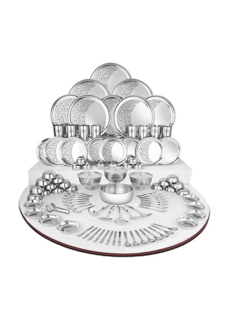 Shri Sam Designer Stainless Steel Shagun Laser Bloom Floral Dinner Set 101 Pieces