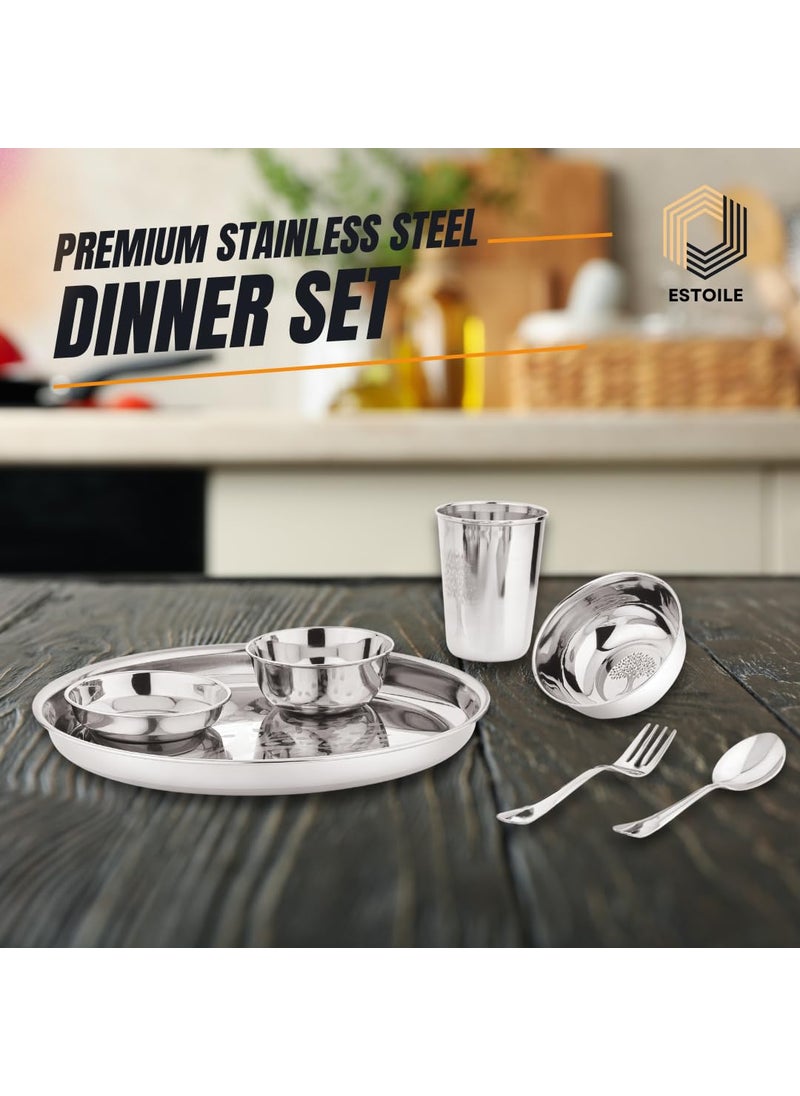 ESTOILE 24Pcs Tree Design Stainless Steel Dinner Set for 4 Includes 4 Plates 4 Bowls 4 Halwa Plates 4 Glasses 4 Spoons 4 Forks Durable Steel Kitchen Utensils Set for Home Wedding Gift