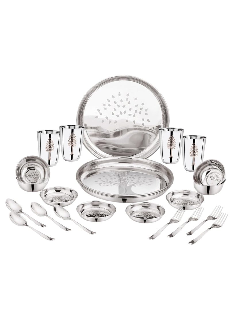 ESTOILE 24Pcs Tree Design Stainless Steel Dinner Set for 4 Includes 4 Plates 4 Bowls 4 Halwa Plates 4 Glasses 4 Spoons 4 Forks Durable Steel Kitchen Utensils Set for Home Wedding Gift