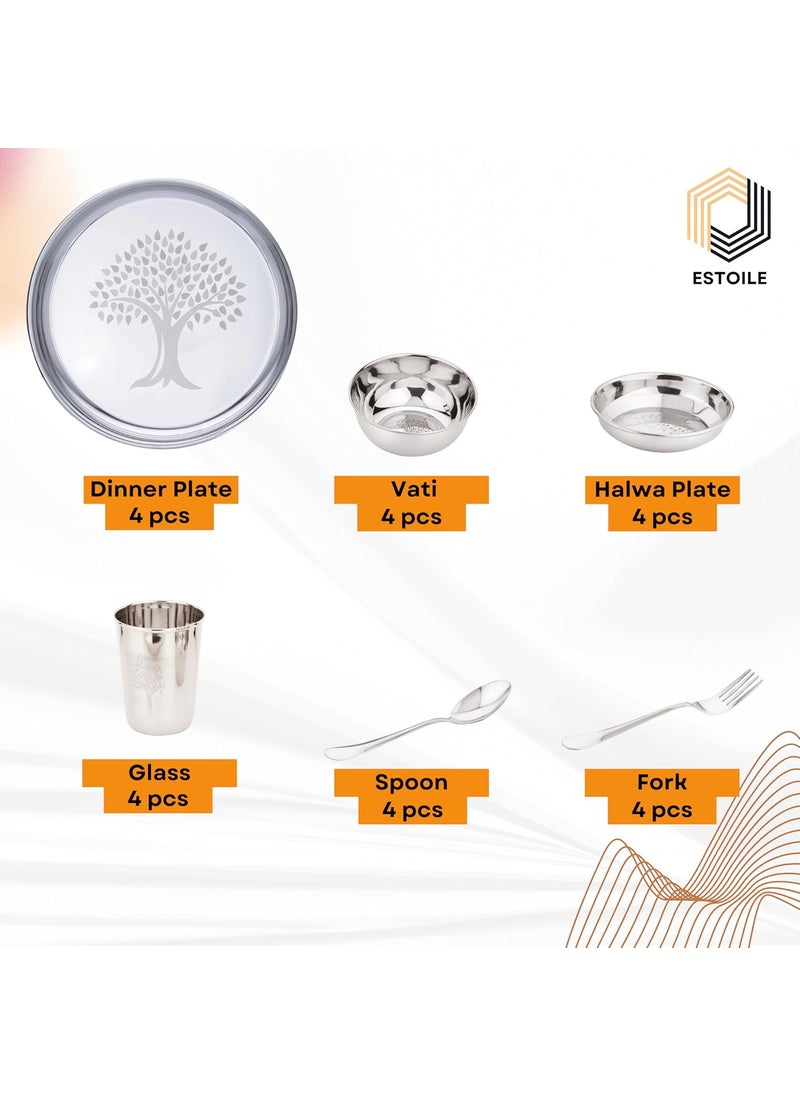ESTOILE 24Pcs Tree Design Stainless Steel Dinner Set for 4 Includes 4 Plates 4 Bowls 4 Halwa Plates 4 Glasses 4 Spoons 4 Forks Durable Steel Kitchen Utensils Set for Home Wedding Gift