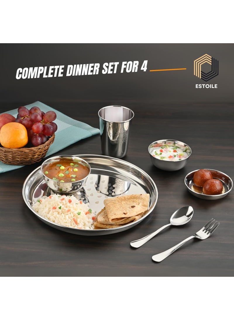 ESTOILE 24Pcs Tree Design Stainless Steel Dinner Set for 4 Includes 4 Plates 4 Bowls 4 Halwa Plates 4 Glasses 4 Spoons 4 Forks Durable Steel Kitchen Utensils Set for Home Wedding Gift