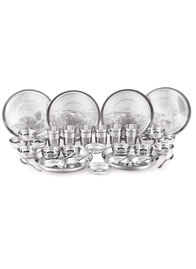 Attro Stainless Steel Silver Touch Finish Dinner Set of 6 Thali 6 Plate 12 Bowl 6 Glass 6 Spoon Thali Diameter 12 inch Set of 36 Standard