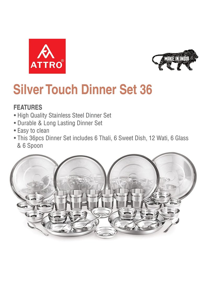 Attro Stainless Steel Silver Touch Finish Dinner Set of 6 Thali 6 Plate 12 Bowl 6 Glass 6 Spoon Thali Diameter 12 inch Set of 36 Standard