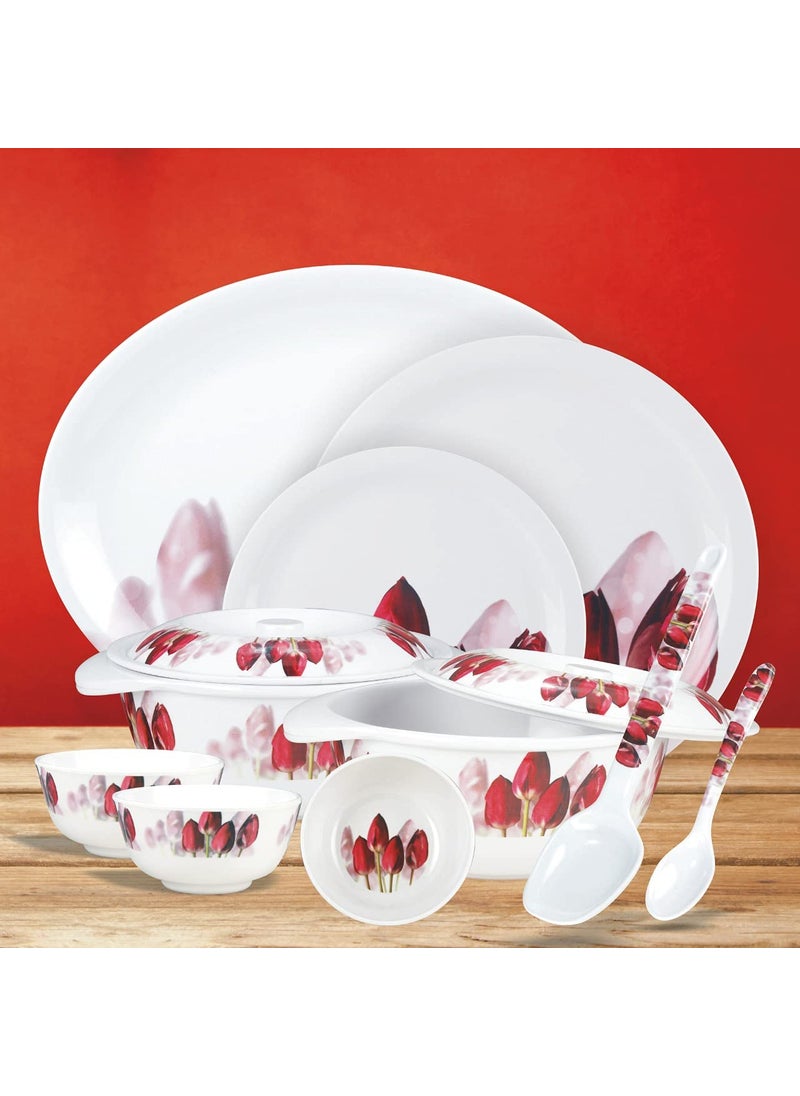 Serve n Style Round Shape Melamine Dinnerware Set for Kitchen White Red 40 Pieces Set