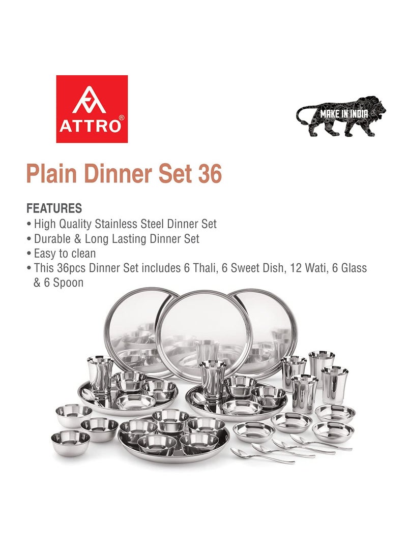 Attro Stainless Steel Solid Dinner Set of 6 Thali 6 Plate 12 Bowl 6 Glass 6 Spoon Thali Diameter 12 Inch Set of 36 Silver Standard
