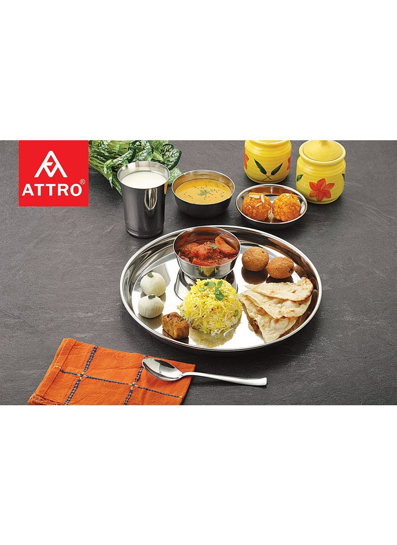 Attro Stainless Steel Solid Dinner Set of 6 Thali 6 Plate 12 Bowl 6 Glass 6 Spoon Thali Diameter 12 Inch Set of 36 Silver Standard