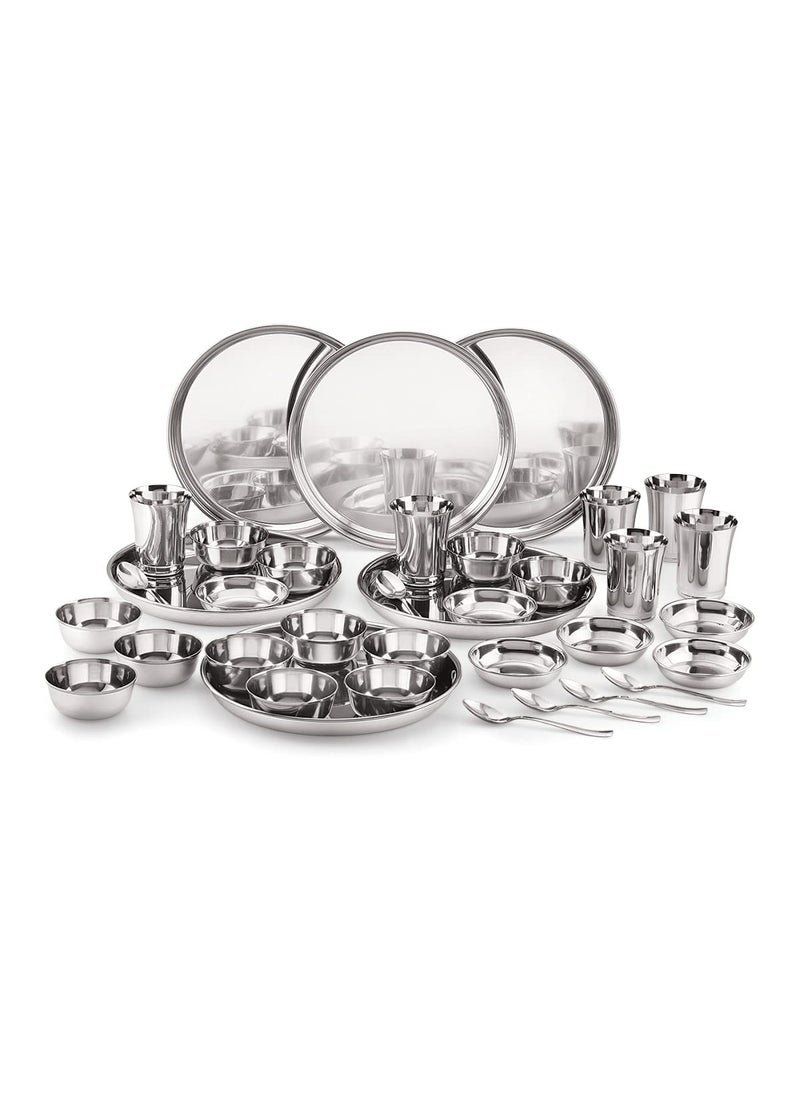 Attro Stainless Steel Solid Dinner Set of 6 Thali 6 Plate 12 Bowl 6 Glass 6 Spoon Thali Diameter 12 Inch Set of 36 Silver Standard