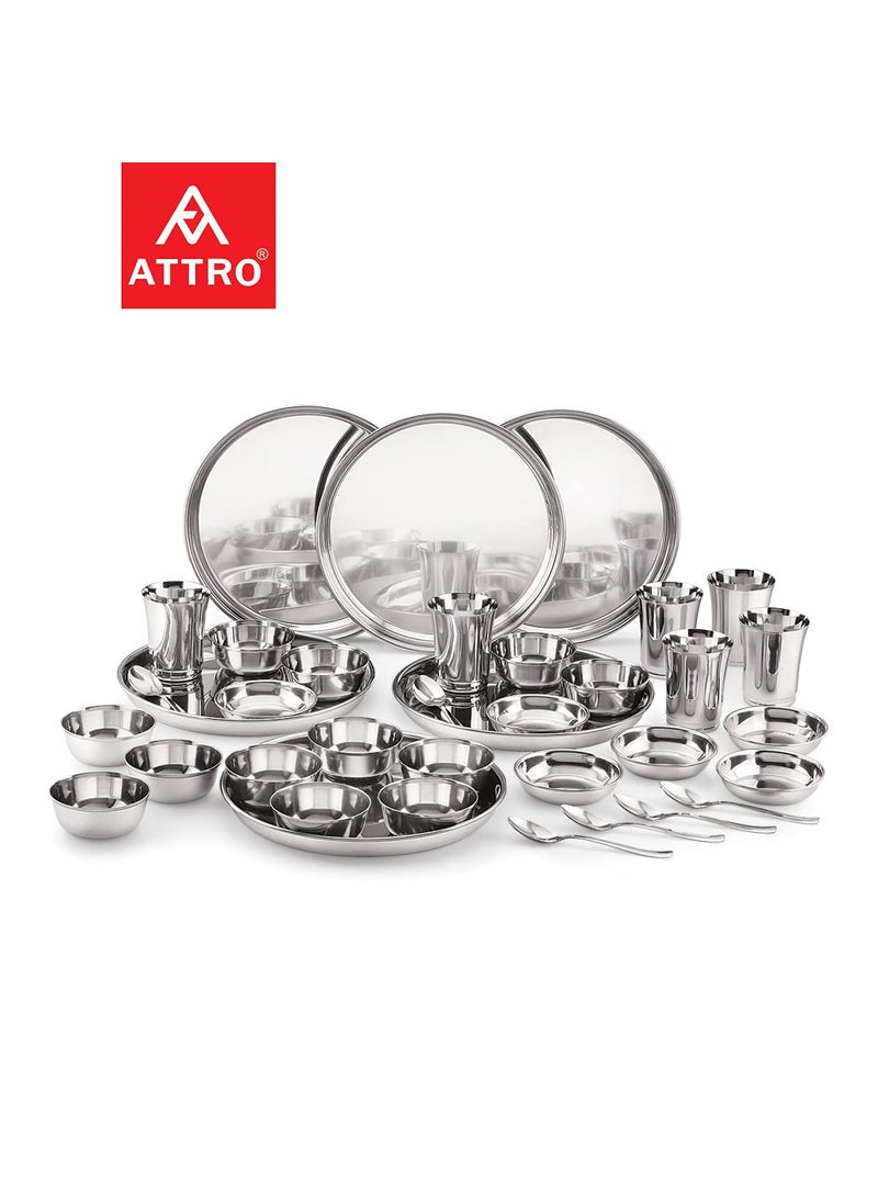 Attro Stainless Steel Solid Dinner Set of 6 Thali 6 Plate 12 Bowl 6 Glass 6 Spoon Thali Diameter 12 Inch Set of 36 Silver Standard