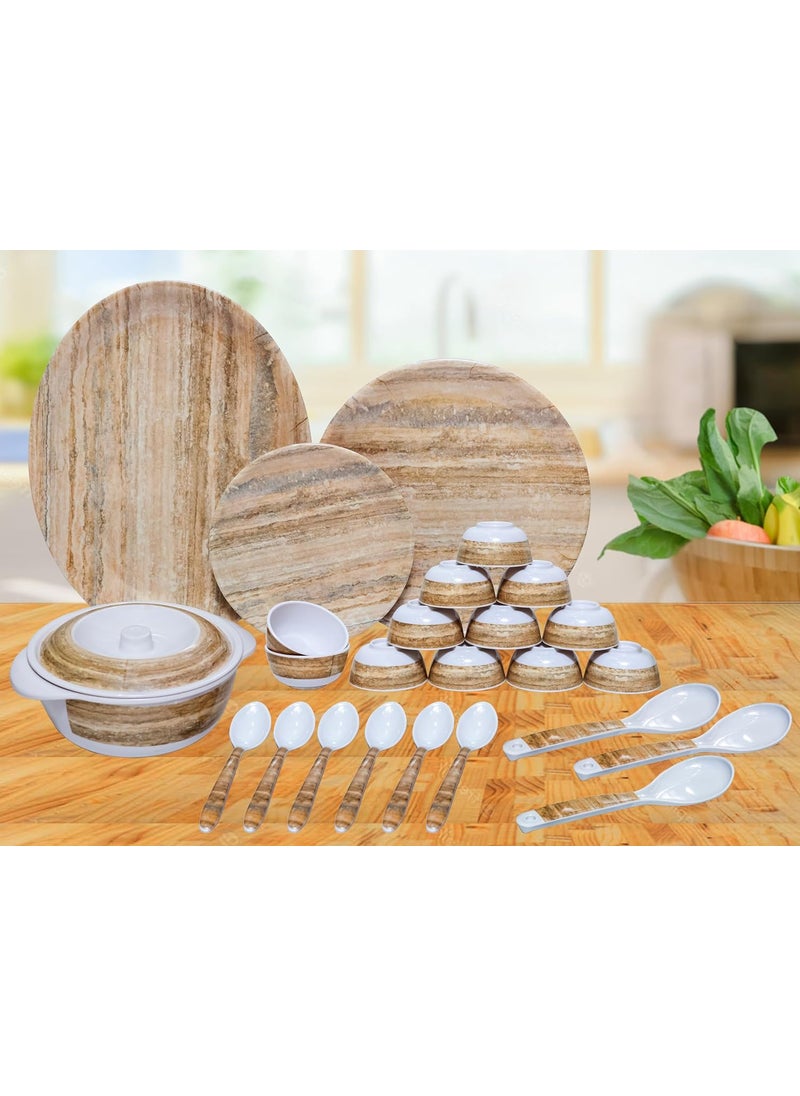 Serve n Style Round Shape Melamine Dinner Set 40 Pieces For Kitchen White And Wooden Solid