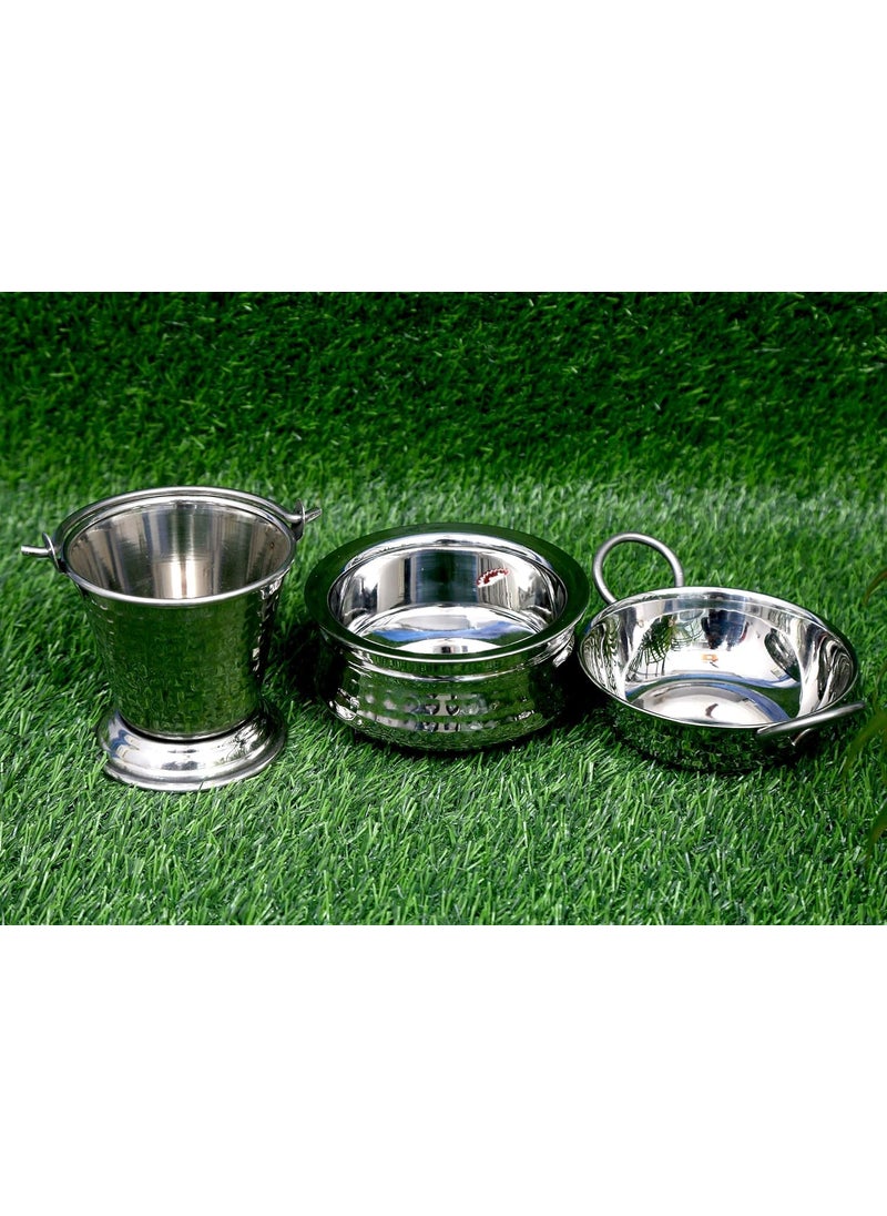 RJ kitchanware Store Heavy Duty Stainless Steel HammeredMathaar Hotel Dish Serveware Set of HammeredMathaar Handi 500ml Kadhai 300ml Balti 300ml
