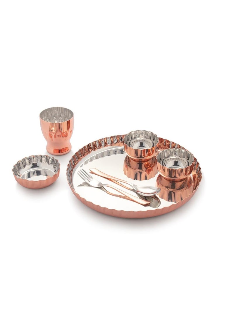 Dynore Stainless Steel 7 Pcs Copper Plated Dinner Set Thali Glass 2 Wati Halwa Bowl Fork and Spoon Dinnerware Tableware