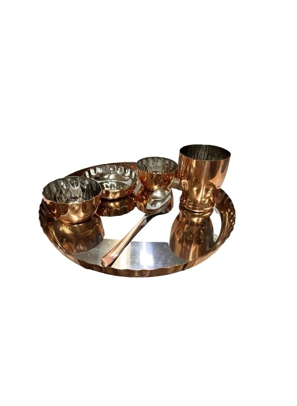 Dynore Stainless Steel 7 Pcs Copper Plated Dinner Set Thali Glass 2 Wati Halwa Bowl Fork and Spoon Dinnerware Tableware