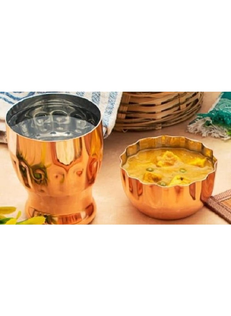 Dynore Stainless Steel 7 Pcs Copper Plated Dinner Set Thali Glass 2 Wati Halwa Bowl Fork and Spoon Dinnerware Tableware
