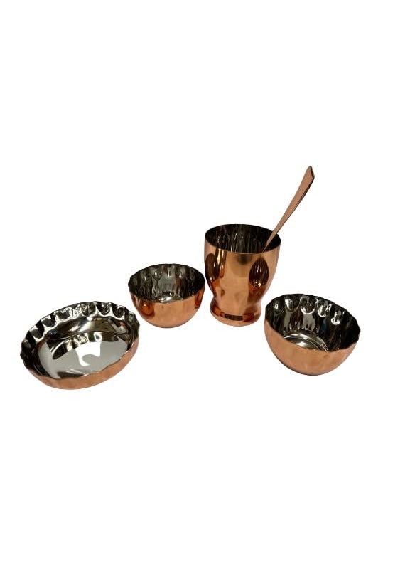 Dynore Stainless Steel 7 Pcs Copper Plated Dinner Set Thali Glass 2 Wati Halwa Bowl Fork and Spoon Dinnerware Tableware
