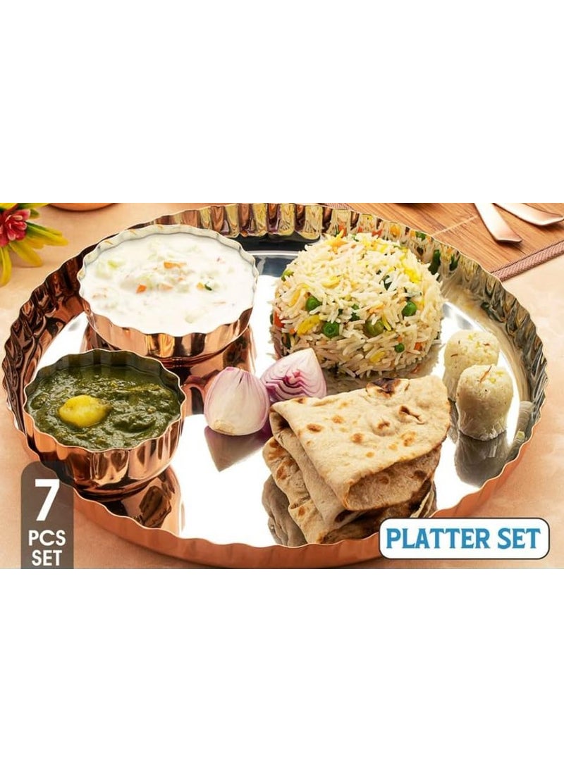 Dynore Stainless Steel 7 Pcs Copper Plated Dinner Set Thali Glass 2 Wati Halwa Bowl Fork and Spoon Dinnerware Tableware