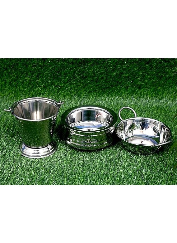 RJ kitchenware Store Stainless Steel HammeredMathaar Hotel Dish Serveware Set of HammeredMathaar Handi 500ml Kadhai 300ml Balti 300ml