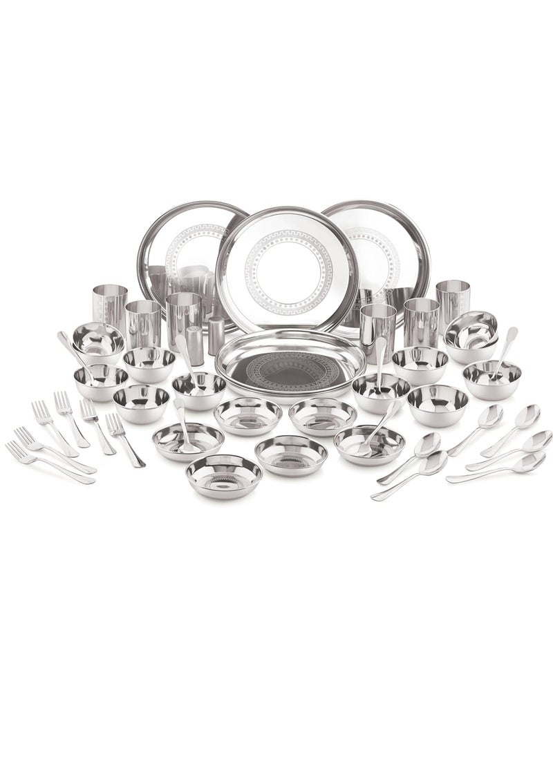 ESTOILE 50Pcs Ring Design Stainless Steel Dinner Set for 6 Includes 6 Plates 6 Vati Small 6 Vati Big 6 Halwa Plates 4 Glasses 12 Spoons 6 Forks 1 Salt and 1 Pepper Gifting Daily use