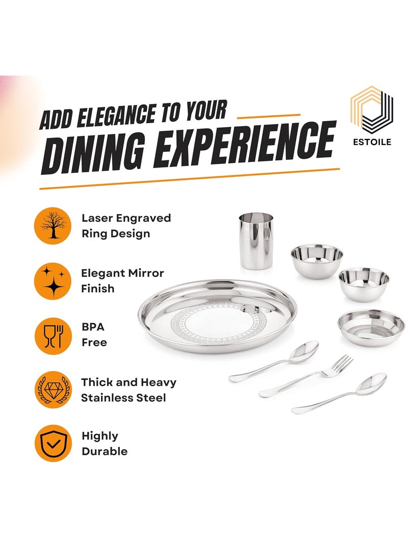 ESTOILE 50Pcs Ring Design Stainless Steel Dinner Set for 6 Includes 6 Plates 6 Vati Small 6 Vati Big 6 Halwa Plates 4 Glasses 12 Spoons 6 Forks 1 Salt and 1 Pepper Gifting Daily use