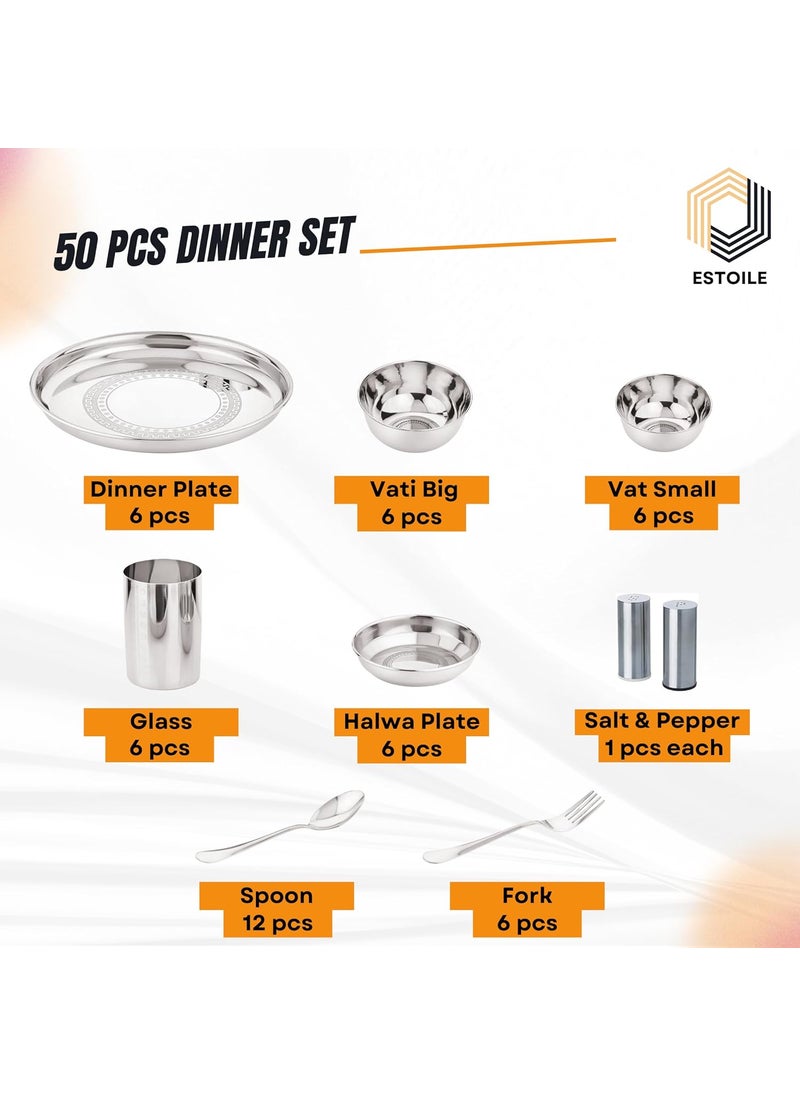 ESTOILE 50Pcs Ring Design Stainless Steel Dinner Set for 6 Includes 6 Plates 6 Vati Small 6 Vati Big 6 Halwa Plates 4 Glasses 12 Spoons 6 Forks 1 Salt and 1 Pepper Gifting Daily use