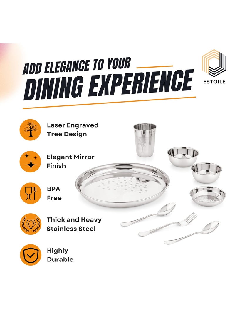 ESTOILE 50Pcs Tree Design Stainless Steel Dinner Set for 6 Includes 6 Plates 6 Vati Small 6 Vati Big 6 Halwa Plates 4 Glasses 12 Spoons 6 Forks 1 Salt and 1 Pepper Gifting Daily use