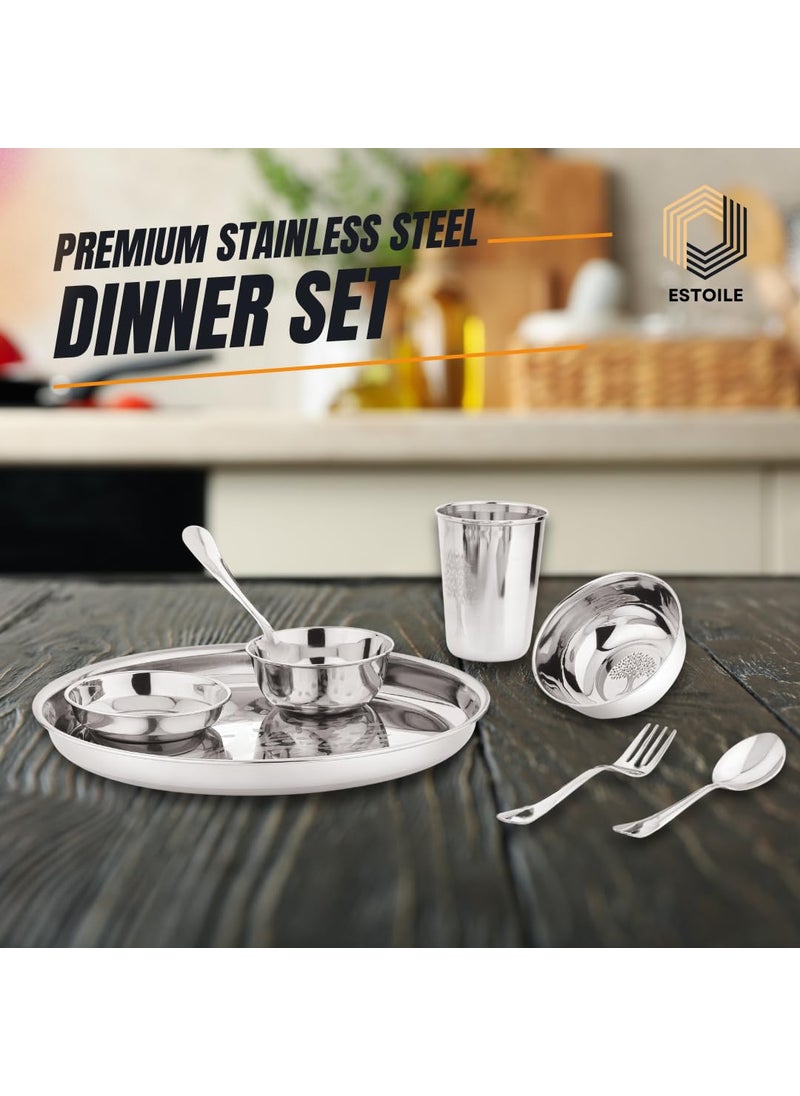 ESTOILE 50Pcs Tree Design Stainless Steel Dinner Set for 6 Includes 6 Plates 6 Vati Small 6 Vati Big 6 Halwa Plates 4 Glasses 12 Spoons 6 Forks 1 Salt and 1 Pepper Gifting Daily use