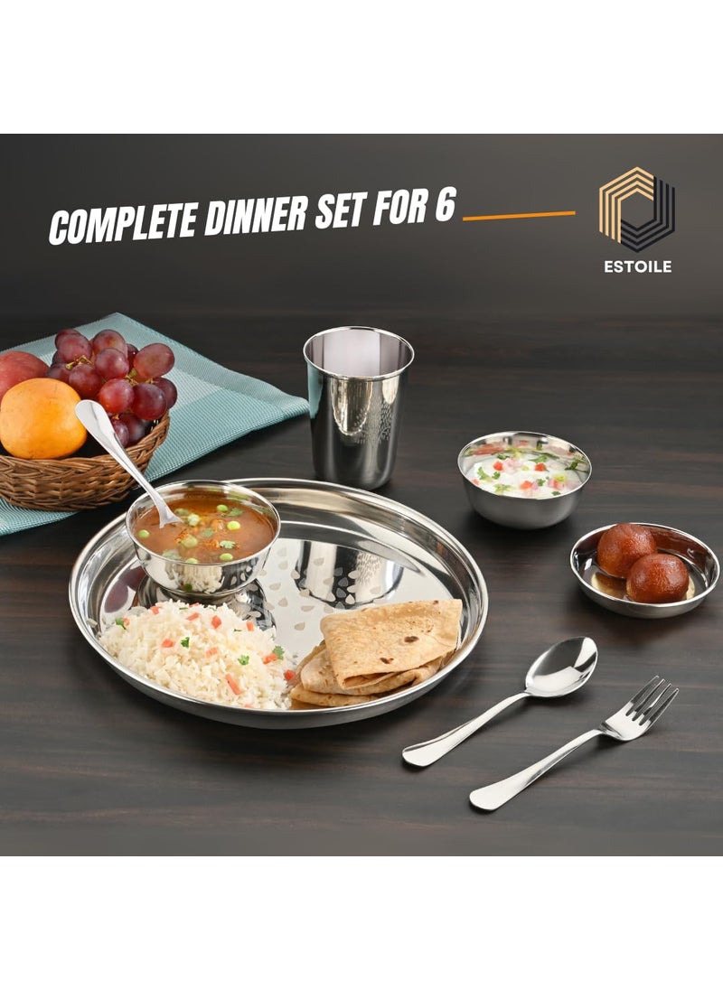 ESTOILE 50Pcs Tree Design Stainless Steel Dinner Set for 6 Includes 6 Plates 6 Vati Small 6 Vati Big 6 Halwa Plates 4 Glasses 12 Spoons 6 Forks 1 Salt and 1 Pepper Gifting Daily use