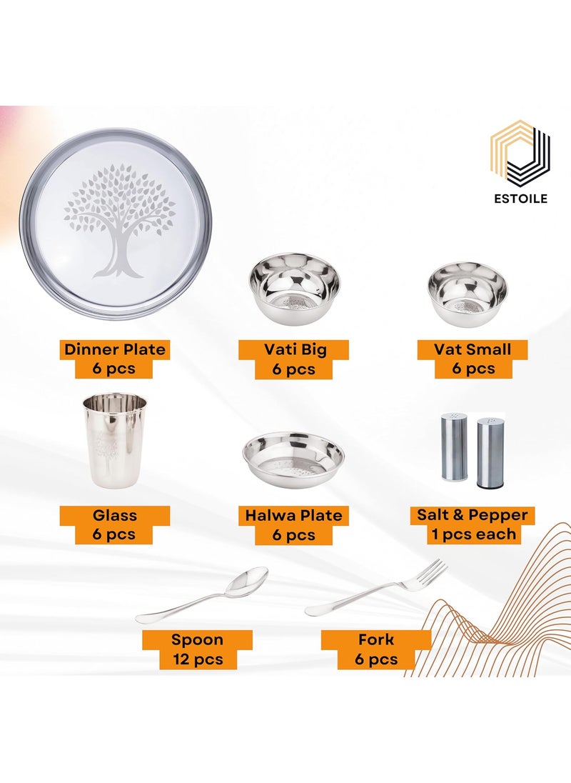 ESTOILE 50Pcs Tree Design Stainless Steel Dinner Set for 6 Includes 6 Plates 6 Vati Small 6 Vati Big 6 Halwa Plates 4 Glasses 12 Spoons 6 Forks 1 Salt and 1 Pepper Gifting Daily use
