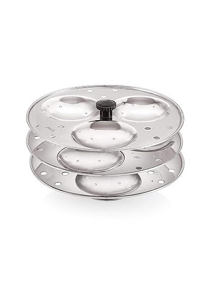 Fitaza 3 Plates Stainless Steel Heavy Quality Idli Stand Idli Maker Makes 12 Large Size Idlis at Once Holes for Pressure Cooker Edly Stand for Home and Kitchen
