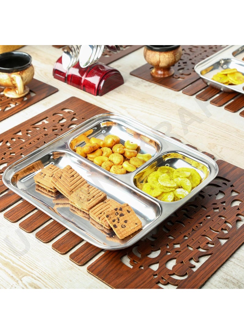 Ajays Shoppe Set of 3 Stainless Steel Square Partition Plates 8 Inches