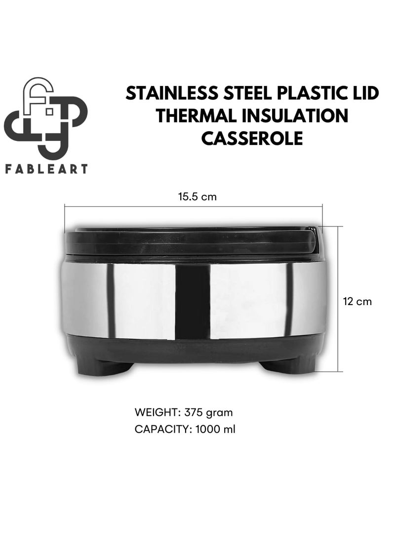 Fableart Thermo Insulated Stainless Steel with Plastic Cover and Bottom Food Warmer Casserole for Serving on Festives Special Occasions 1000 ML Extra Small