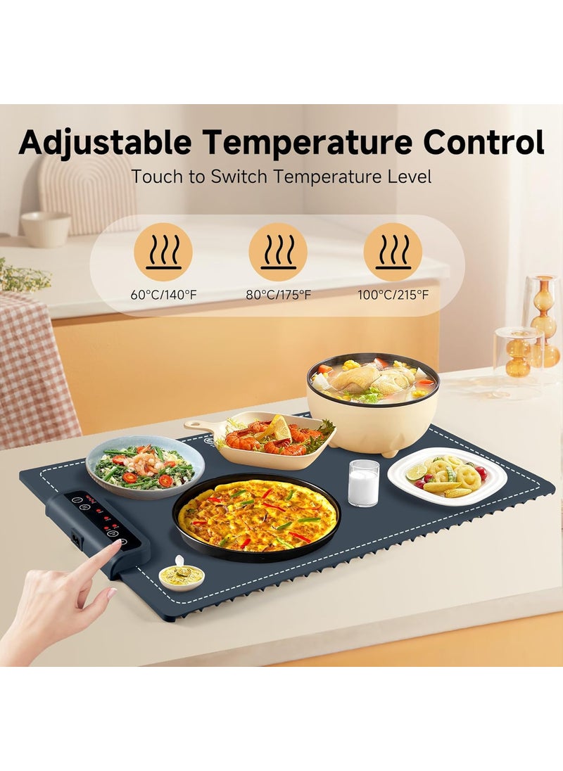 PIKFOS Food Warming Mat Full Surface Heating Electric Warming Tray 3 Temperature Settings Auto ShutOff Silicone Foldable Roll Up Heating Pad for Parties Gatherings Holidays Daily Use