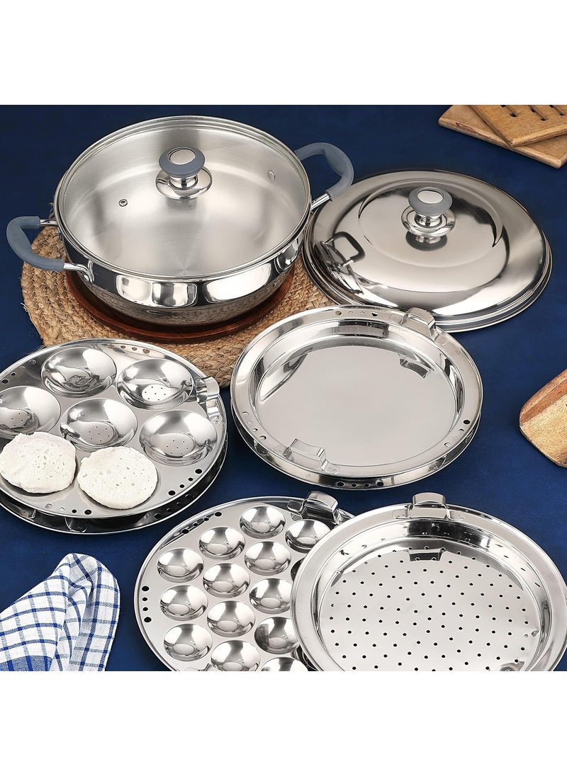 Chakmak Stainless Steel Iroko Triply MultiKadhai Induction Gas Compatible Even Heat Distribution 6 Plates 2 Idli Plates 2 Dhokla Plates 1 Patra Plate 1 Mini Idli Plate