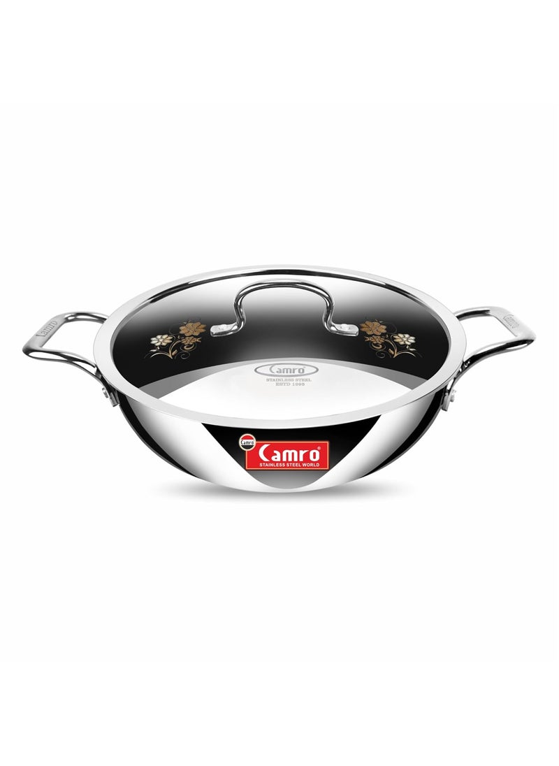 Camro Tripro Triply Artisian Kadhai with lid 34 cm 8 Liters Capacity Stainless Steel Lid for Curry StirFry DeepFry DryVeg Hold Handles Induction Friendly Gas Ready 6Year Warranty