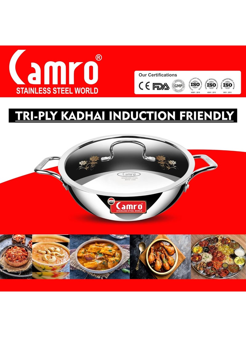 Camro Tripro Triply Artisian Kadhai with lid 34 cm 8 Liters Capacity Stainless Steel Lid for Curry StirFry DeepFry DryVeg Hold Handles Induction Friendly Gas Ready 6Year Warranty