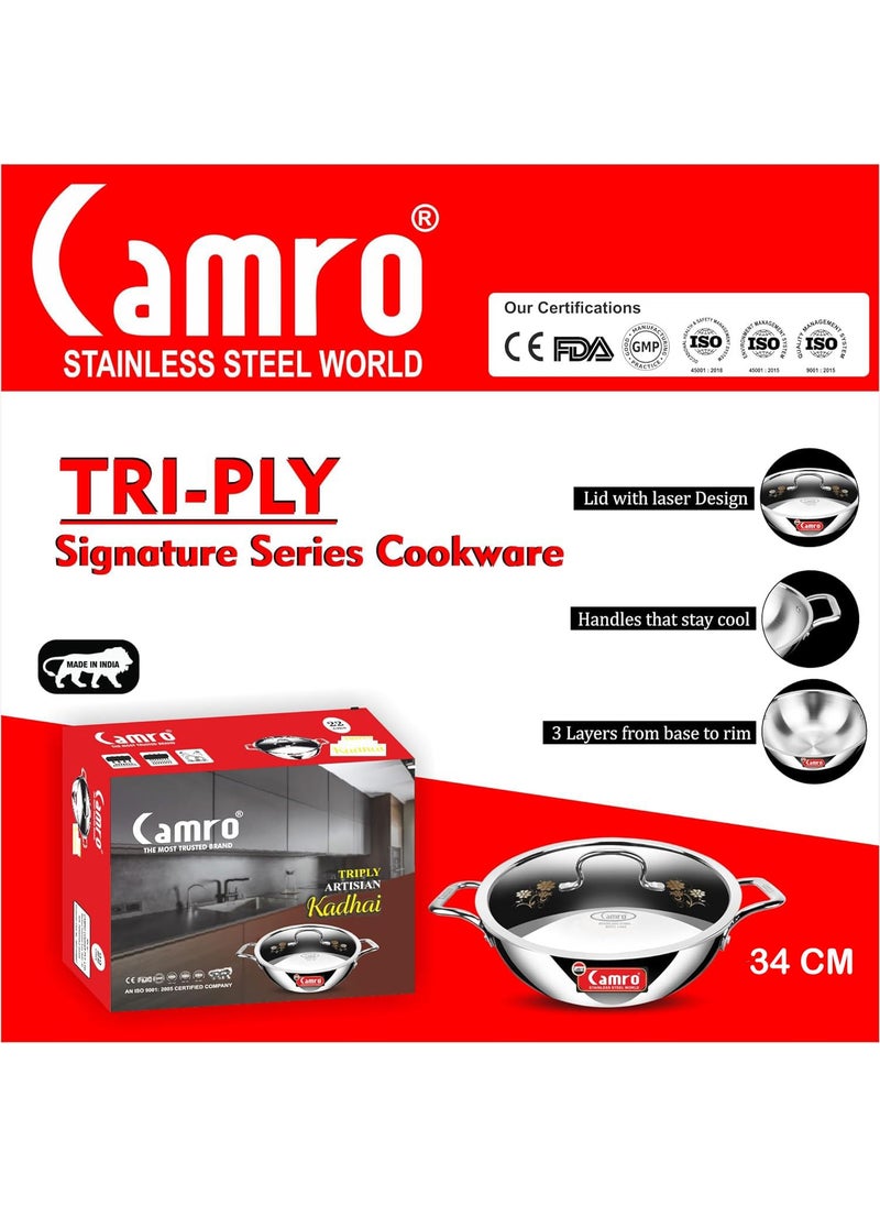 Camro Tripro Triply Artisian Kadhai with lid 34 cm 8 Liters Capacity Stainless Steel Lid for Curry StirFry DeepFry DryVeg Hold Handles Induction Friendly Gas Ready 6Year Warranty