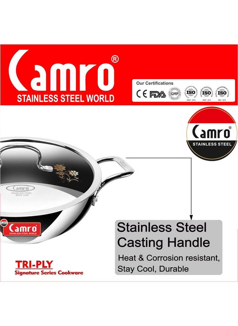 Camro Tripro Triply Artisian Kadhai with lid 34 cm 8 Liters Capacity Stainless Steel Lid for Curry StirFry DeepFry DryVeg Hold Handles Induction Friendly Gas Ready 6Year Warranty
