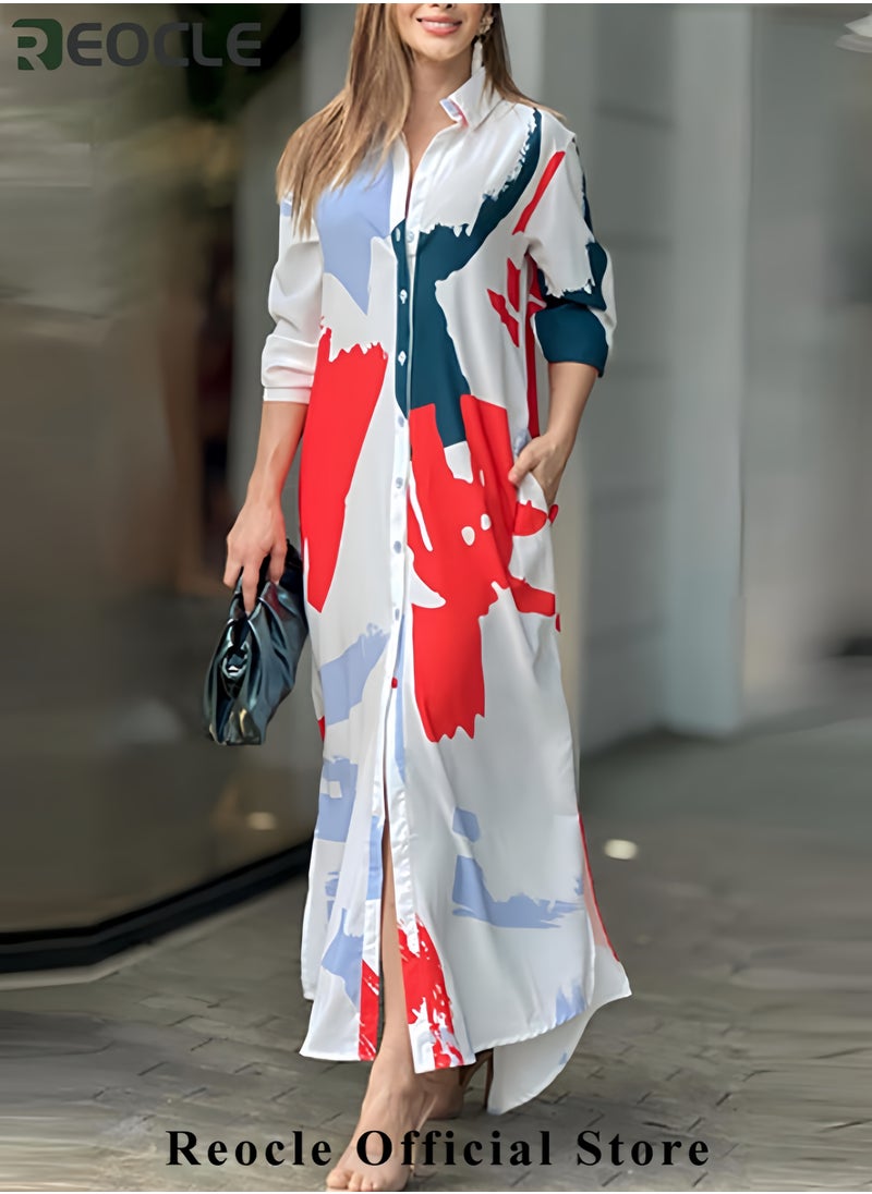 Shirt Long Dress Button Down Up Dress for Women Casual Long Sleeve Maxi Spring Summer Dresses with Sleeve Tab Pocket Collar