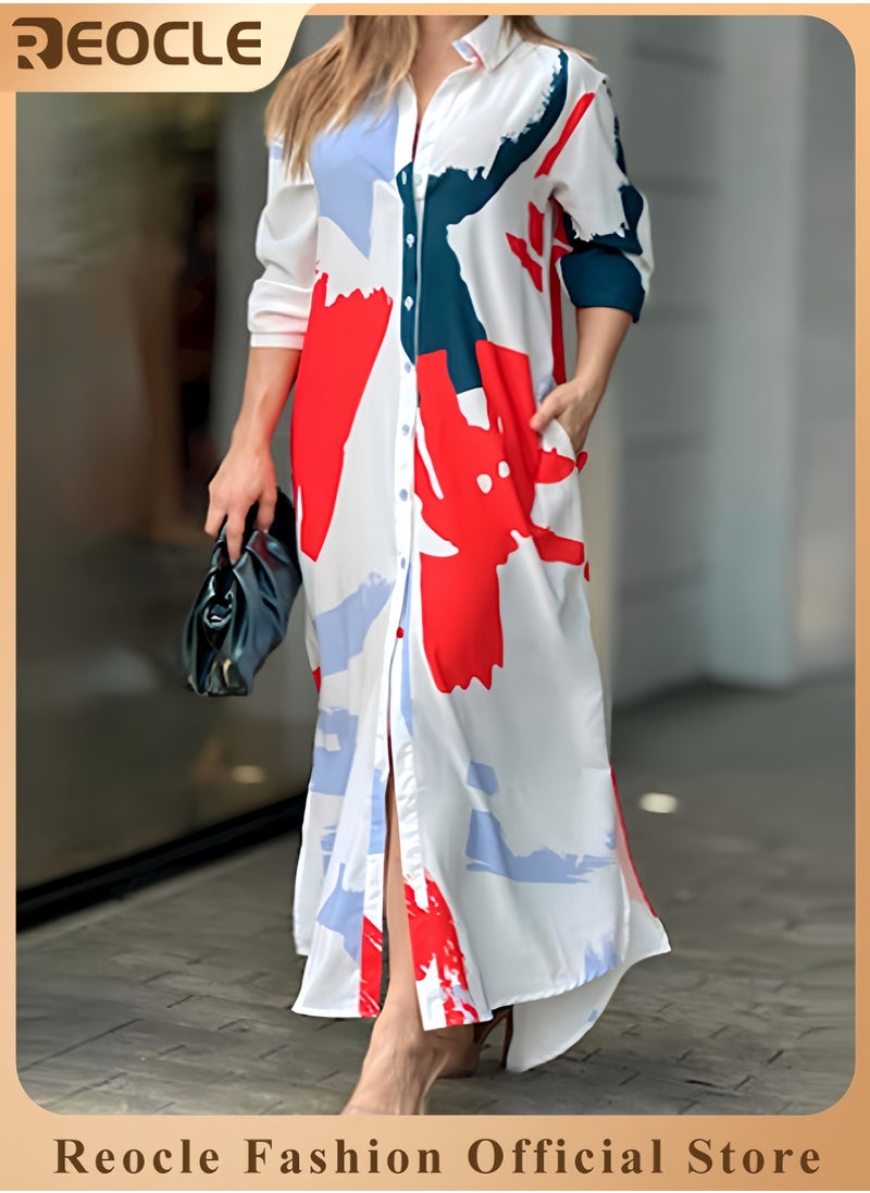 Shirt Long Dress Button Down Up Dress for Women Casual Long Sleeve Maxi Spring Summer Dresses with Sleeve Tab Pocket Collar